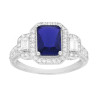 ANELLO RETTANGOLO BLU ZAFFIRO CONTORNATO DA CUBIC ZIRCONIA BIANCHI BAGUETTE IN ARGENTO 925 GALVANICA RODIO