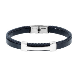 BRACCIALE UOMO DUE FILI IN ECOPELLE COLORE BLU INTRECCIATA CON TARGA IN ACCIAIO