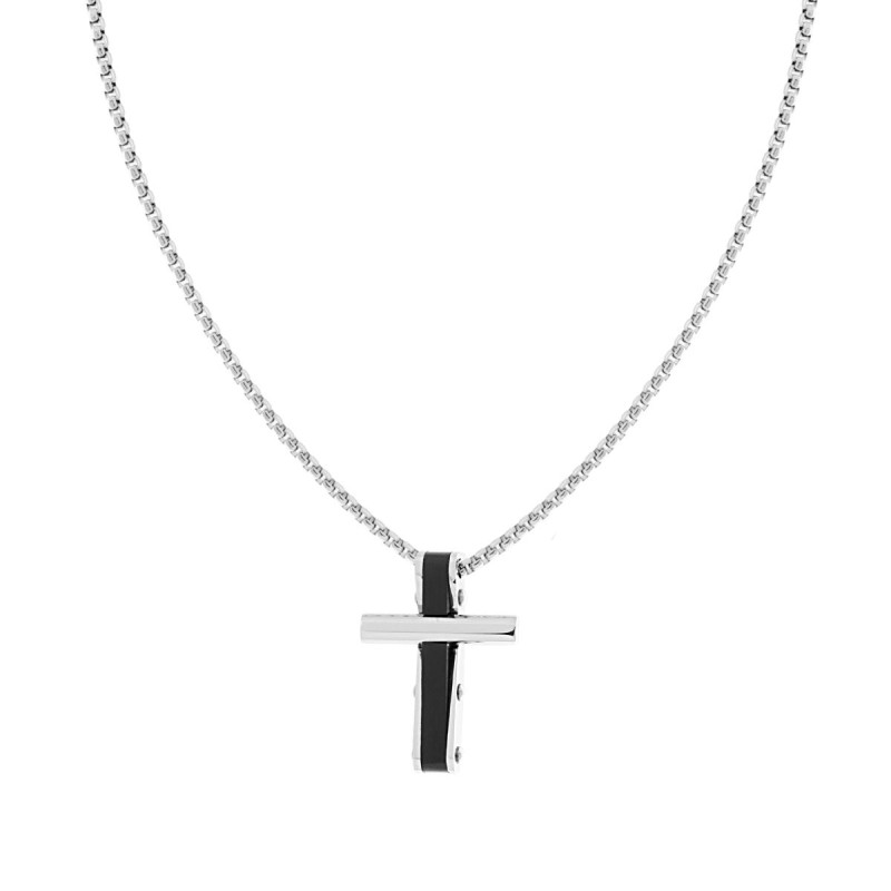 COLLANA CATENA VENEZIANA TONDA CON CROCE NERO IN ACCIAIO