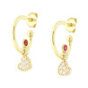 ORECCHINI CERCHIO CON CUORE PENDENTE CON CUBIC ZIRCONIA BIANCHI E PUNTO LUCE ROSSO RUBINO IN ARGENTO 925 GALVANICA ORO