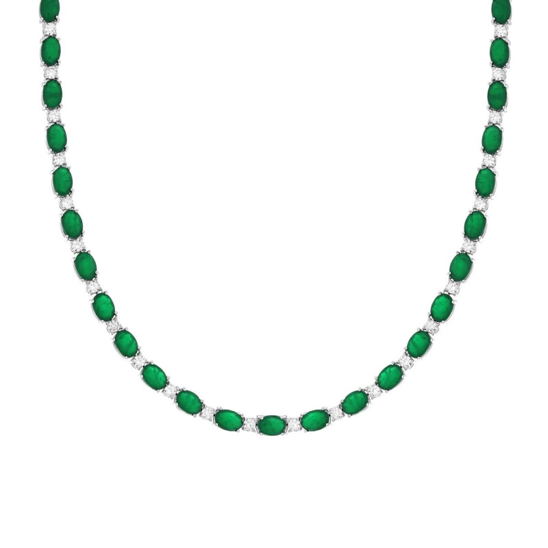 COLLANA TENNIS OVALI VERDE SMERALDO E CUBIC ZIRCONIA BIANCHI IN ARGENTO 925 GALVANICA RODIO