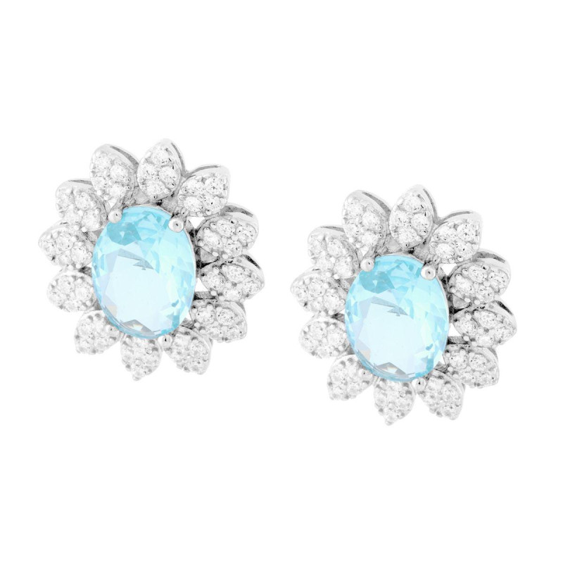 ORECCHINI FIORE OVALE ACQUAMARINA CONTORNATO DA CUBIC ZIRCONIA BIANCHI IN ARGENTO 925 GALVANICA RODIO