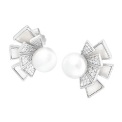 ORECCHINI VENTAGLIO CON RAGGI CUBIC ZIRCONIA BIANCHI MADREPERLA E PERLA DI FIUME IN ARGENTO 925 GALVANICA RODIO