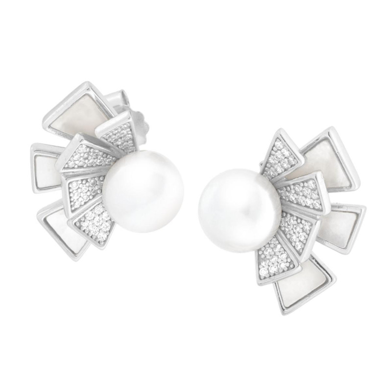 ORECCHINI VENTAGLIO CON RAGGI CUBIC ZIRCONIA BIANCHI MADREPERLA E PERLA DI FIUME IN ARGENTO 925 GALVANICA RODIO