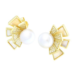 ORECCHINI VENTAGLIO CON RAGGI CUBIC ZIRCONIA BIANCHI MADREPERLA E PERLA DI FIUME IN ARGENTO 925 GALVANICA ORO