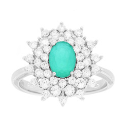 ANELLO FIORE OVALE TORMALINA PARAIBA CONTORNATO DA CUBIC ZIRCONIA BIANCHI IN ARGENTO 925 GALVANICA RODIO
