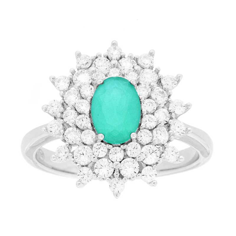 ANELLO FIORE OVALE TORMALINA PARAIBA CONTORNATO DA CUBIC ZIRCONIA BIANCHI IN ARGENTO 925 GALVANICA RODIO