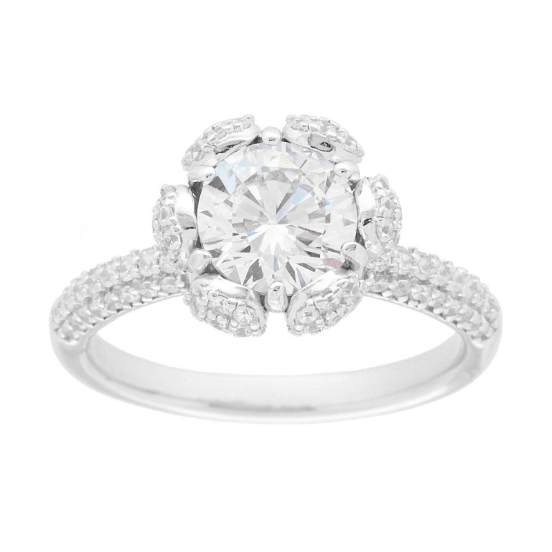 ANELLO SOLITARIO BOCCIOLO FIORE CON CUBIC ZIRCONIA BIANCHI IN ARGENTO 925 GALVANICA RODIO