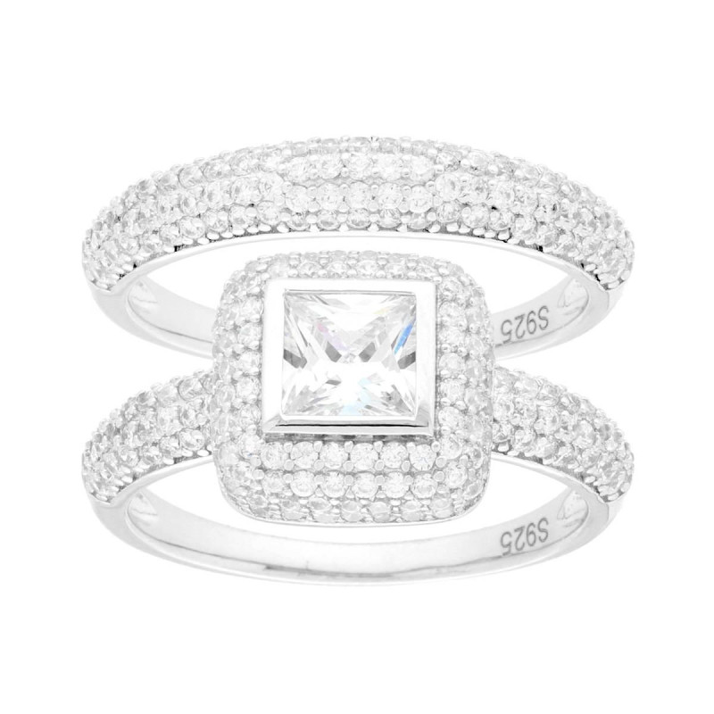 ANELLO DOPPIO VERETTA E SOLITARIO CON QUADRATO CONTORNATO DA CUBIC ZIRCONIA BIANCHI IN ARGENTO 925 GALVANICA RODIO