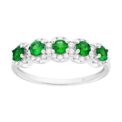 ANELLO VERETTA FIORI VERDE SMERALDO CONTORNATI DA CUBIC ZIRCONIA BIANCHI IN ARGENTO 925 GALVANICA RODIO