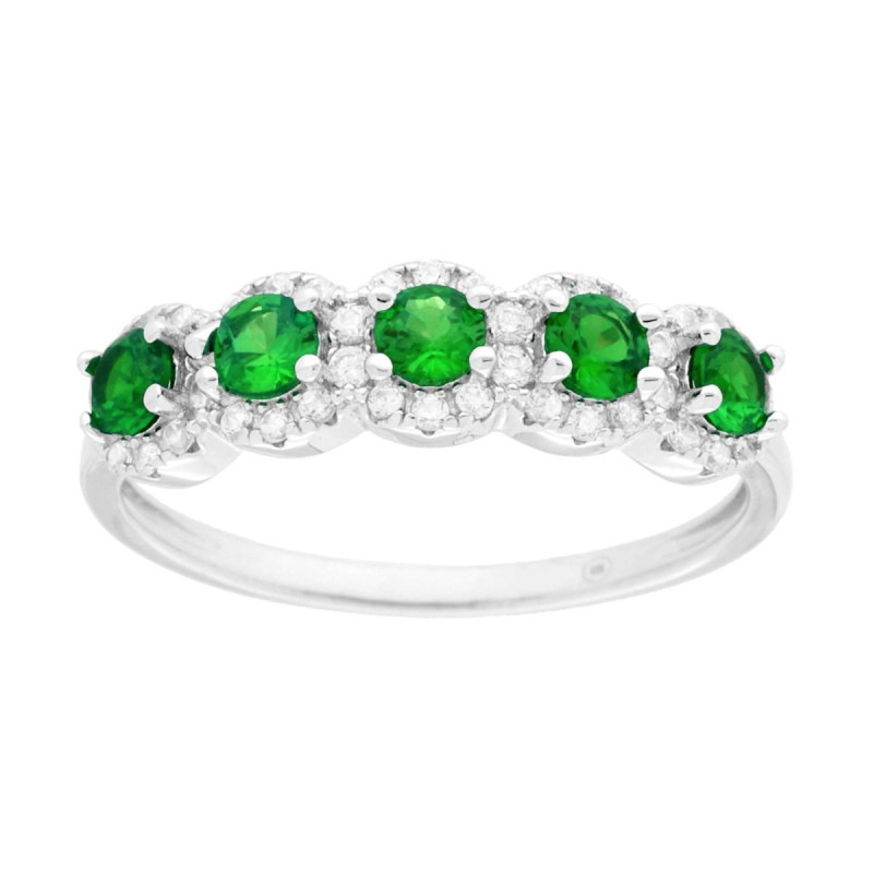 ANELLO VERETTA FIORI VERDE SMERALDO CONTORNATI DA CUBIC ZIRCONIA BIANCHI IN ARGENTO 925 GALVANICA RODIO