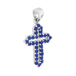 CIONDOLO CROCE CON CUBIC ZIRCONIA BLU ZAFFIRO IN ARGENTO 925 GALVANICA RODIO