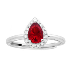 ANELLO HALO SOLITARIO CON ZIRCONE A GOCCIA ROSSO RUBINO CONTORNATO CON ZIRCONI BIANCHI IN ARGENTO 925 GALVANICA RODIO