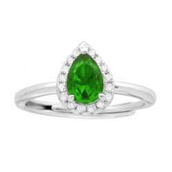 ANELLO HALO SOLITARIO CON ZIRCONE A GOCCIA VERDE SMERALDO CONTORNATO CON ZIRCONI BIANCHI IN ARGENTO 925 GALVANICA RODIO