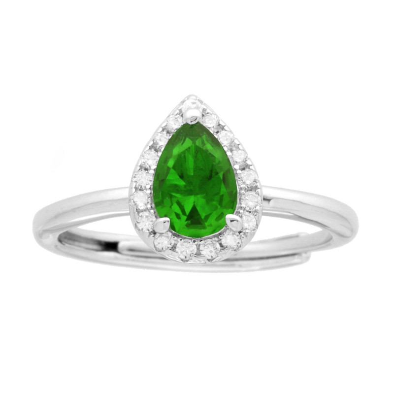 ANELLO HALO SOLITARIO CON ZIRCONE A GOCCIA VERDE SMERALDO CONTORNATO CON ZIRCONI BIANCHI IN ARGENTO 925 GALVANICA RODIO