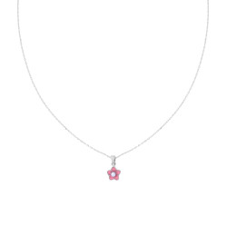 COLLANA CATENA FORZATINA DIAMANTATA CON FIORE SMALTO ROSA E PERLA IN ARGENTO 925 GALVANICA RODIO