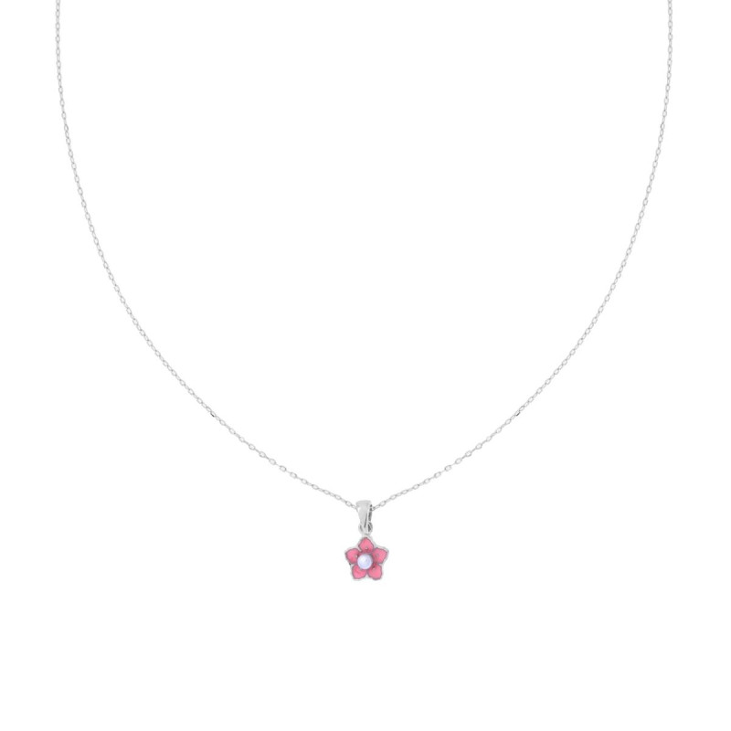 COLLANA CATENA FORZATINA DIAMANTATA CON FIORE SMALTO ROSA E PERLA IN ARGENTO 925 GALVANICA RODIO