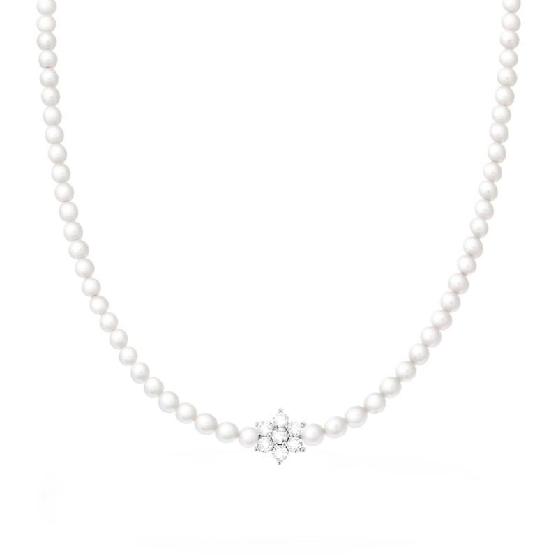 COLLANA PERLA MM 4 IN VETRO PERLATO CON FIORE CENTRALE CUBIC ZIRCONIA BIANCHI CON FILO E CHIUSURA IN ARGENTO 925 GALVANICA RODIO