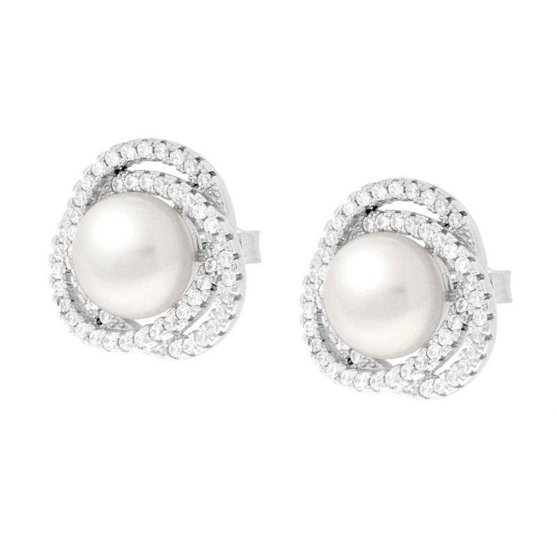ORECCHINI TONDI VORTICE CON PERLA DI FIUME E CUBIC ZIRCONIA BIANCHI IN ARGENTO 925 GALVANICA RODIO