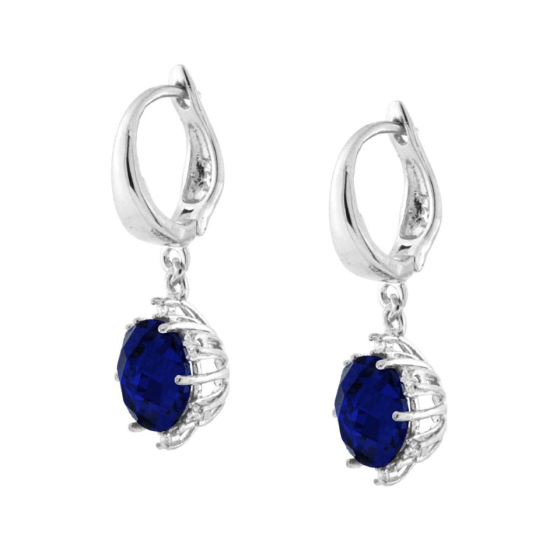 ORECCHINI CERCHIO CON CUBIC ZIRCONIA BLU ZAFFIRO TONDO PENDENTE IN ARGENTO 925 GALVANICA RODIO