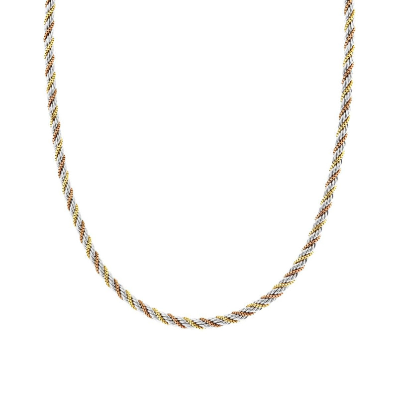 COLLANA DUE FILI CATENA VENEZIANA E CORDA INTRECCIATI IN ACCIAIO COLORE ORO E ROSA