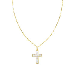 COLLANA CATENA FORZATINA DIAMANTATA CON CROCE E CRYSTAL BIANCO IN ACCIAIO E OTTONE COLORE ORO