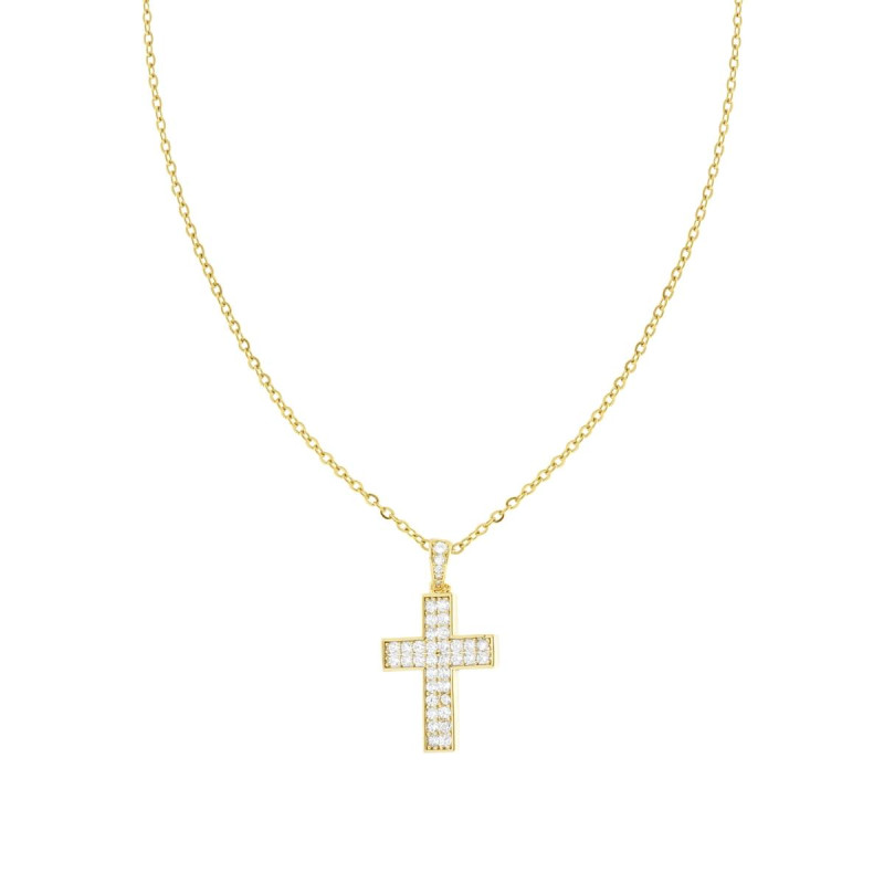 COLLANA CATENA FORZATINA DIAMANTATA CON CROCE E CRYSTAL BIANCO IN ACCIAIO E OTTONE COLORE ORO