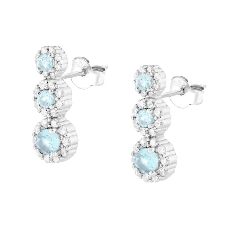 ORECCHINI TRILOGY DEGRADE FIORI ACQUAMARINA CONTORNATI DA CUBIC ZIRCONIA BIANCHI IN ARGENTO 925 GALVANICA RODIO