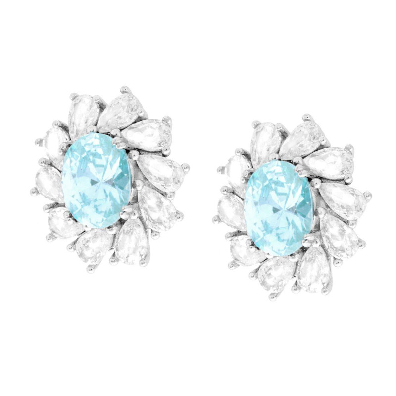 ORECCHINI OVALE ACQUAMARINA CONTORNATO DA GOCCE CUBIC ZIRCONIA BIANCHI IN ARGENTO 925 GALVANICA RODIO