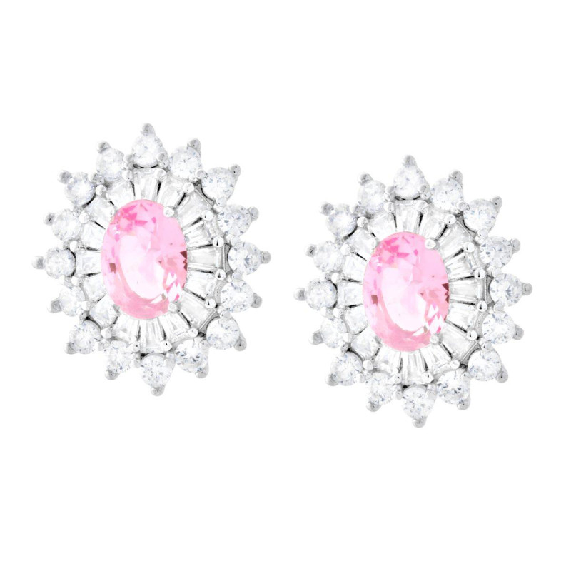 ORECCHINI OVALE ROSA CONTORNATO DA CUBIC ZIRCONIA TRAPEZIO BIANCHI IN ARGENTO 925 GALVANICA RODIO