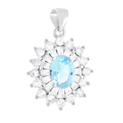 CIONDOLO OVALE ACQUAMARINA CONTORNATO DA CUBIC ZIRCONIA TRAPEZIO BIANCHI IN ARGENTO 925 GALVANICA RODIO