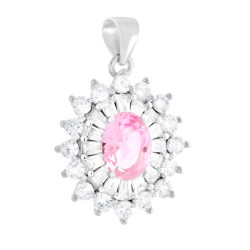 CIONDOLO OVALE ROSA CONTORNATO DA CUBIC ZIRCONIA TRAPEZIO BIANCHI IN ARGENTO 925 GALVANICA RODIO