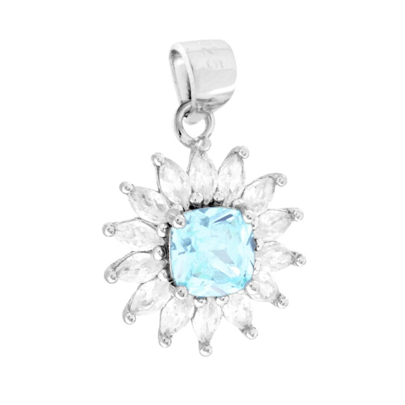 CIONDOLO QUADRATO CUSHION ACQUAMARINA CONTORNATO DA CUBIC ZIRCONIA MARQUISE BIANCHI IN ARGENTO 925 GALVANICA RODIO