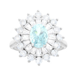 ANELLO OVALE ACQUAMARINA CONTORNATO DA CUBIC ZIRCONIA TRAPEZIO BIANCHI IN ARGENTO 925 GALVANICA RODIO