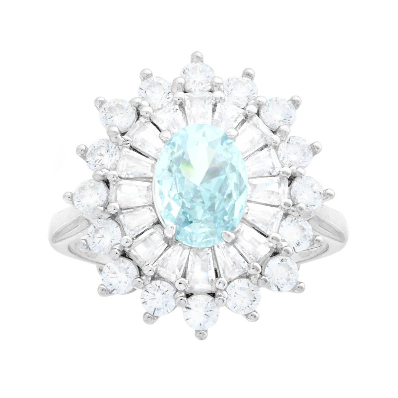 ANELLO OVALE ACQUAMARINA CONTORNATO DA CUBIC ZIRCONIA TRAPEZIO BIANCHI IN ARGENTO 925 GALVANICA RODIO