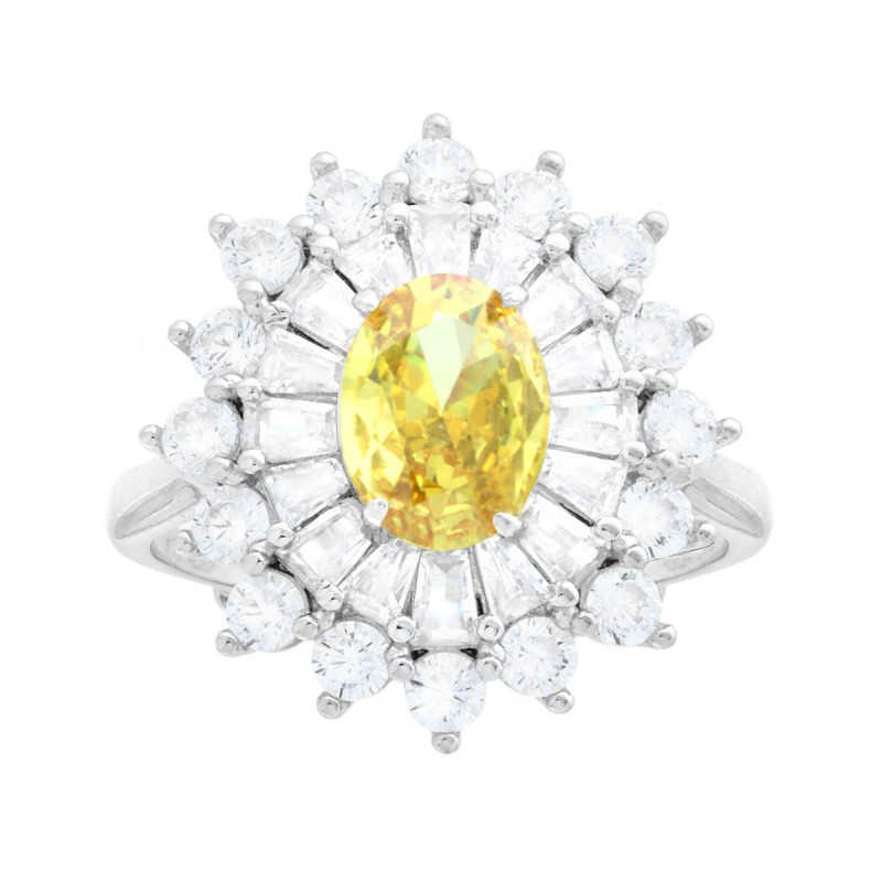 ANELLO OVALE TOPAZIO GIALLO CONTORNATO DA CUBIC ZIRCONIA TRAPEZIO BIANCHI IN ARGENTO 925 GALVANICA RODIO