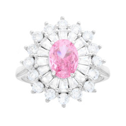 ANELLO OVALE ROSA CONTORNATO DA CUBIC ZIRCONIA TRAPEZIO BIANCHI IN ARGENTO 925 GALVANICA RODIO