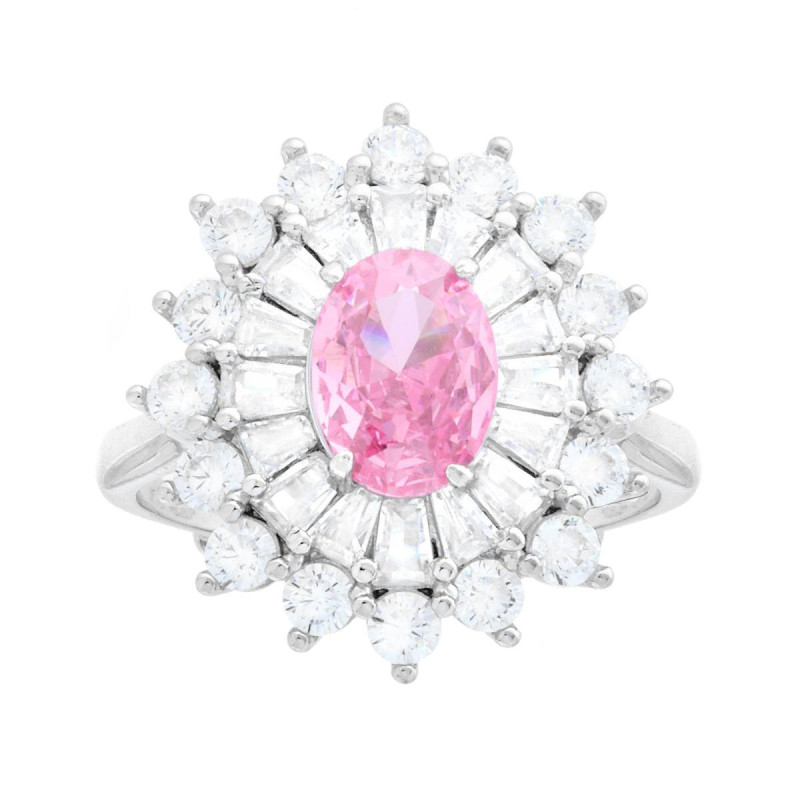 ANELLO OVALE ROSA CONTORNATO DA CUBIC ZIRCONIA TRAPEZIO BIANCHI IN ARGENTO 925 GALVANICA RODIO