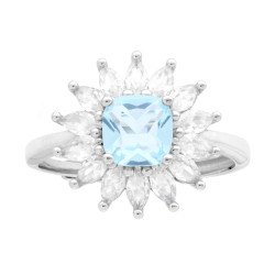 ANELLO SOLITARIO QUADRATO CUSHION ACQUAMARINA CONTORNATO DA CUBIC ZIRCONIA MARQUISE BIANCHI IN ARGENTO 925 GALVANICA RODIO