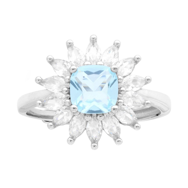 ANELLO SOLITARIO QUADRATO CUSHION ACQUAMARINA CONTORNATO DA CUBIC ZIRCONIA MARQUISE BIANCHI IN ARGENTO 925 GALVANICA RODIO