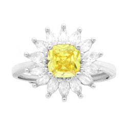 ANELLO SOLITARIO QUADRATO CUSHION TOPAZIO GIALLO CONTORNATO DA CUBIC ZIRCONIA MARQUISE BIANCHI IN ARGENTO 925 GALVANICA RODIO