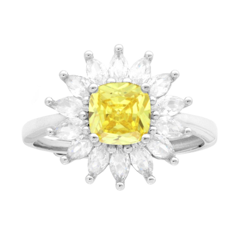 ANELLO SOLITARIO QUADRATO CUSHION TOPAZIO GIALLO CONTORNATO DA CUBIC ZIRCONIA MARQUISE BIANCHI IN ARGENTO 925 GALVANICA RODIO
