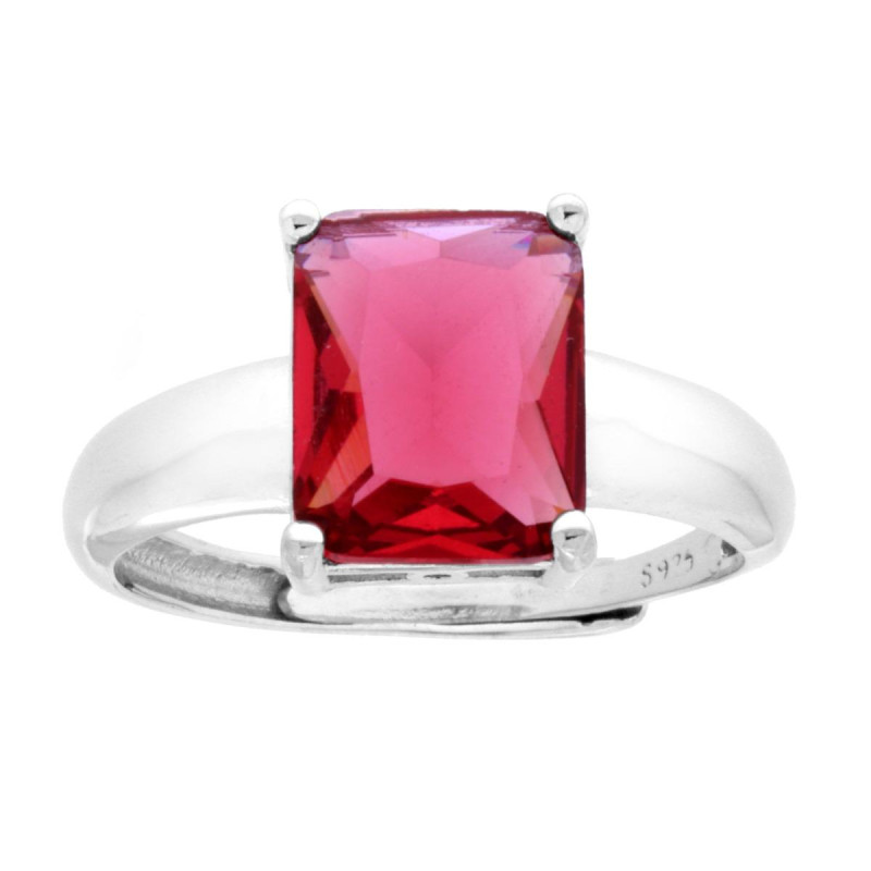 ANELLO SOLITARIO RETTANGOLO CUBIC ZIRCONIA ROSSO RUBINO IN ARGENTO 925 GALVANICA RODIO