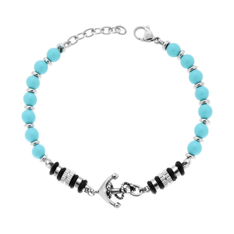 BRACCIALE CATENA CON PIETRE NATURALI COLORE TURCHESE CON ANCORA IN ACCIAIO
