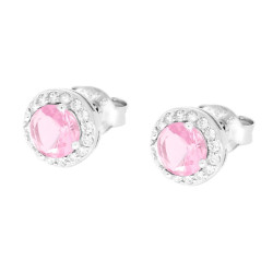 ORECCHINI TONDI CON CUBIC ZIRCONIA ROSA CONTORNATO DA CUBIC ZIRCONIA BIANCHI IN ARGENTO 925 GALVANICA RODIO