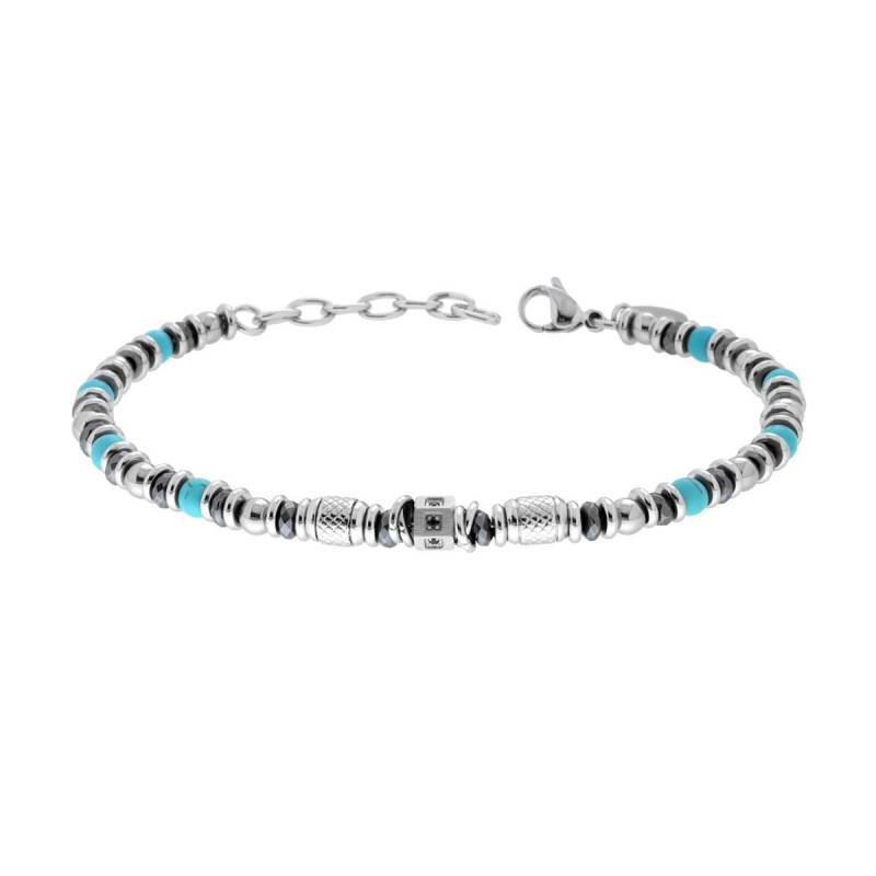 BRACCIALE CATENA CON PIETRE COLORE TURCHESE CRYSTAL NERO E ACCESSORI IN ACCIAIO