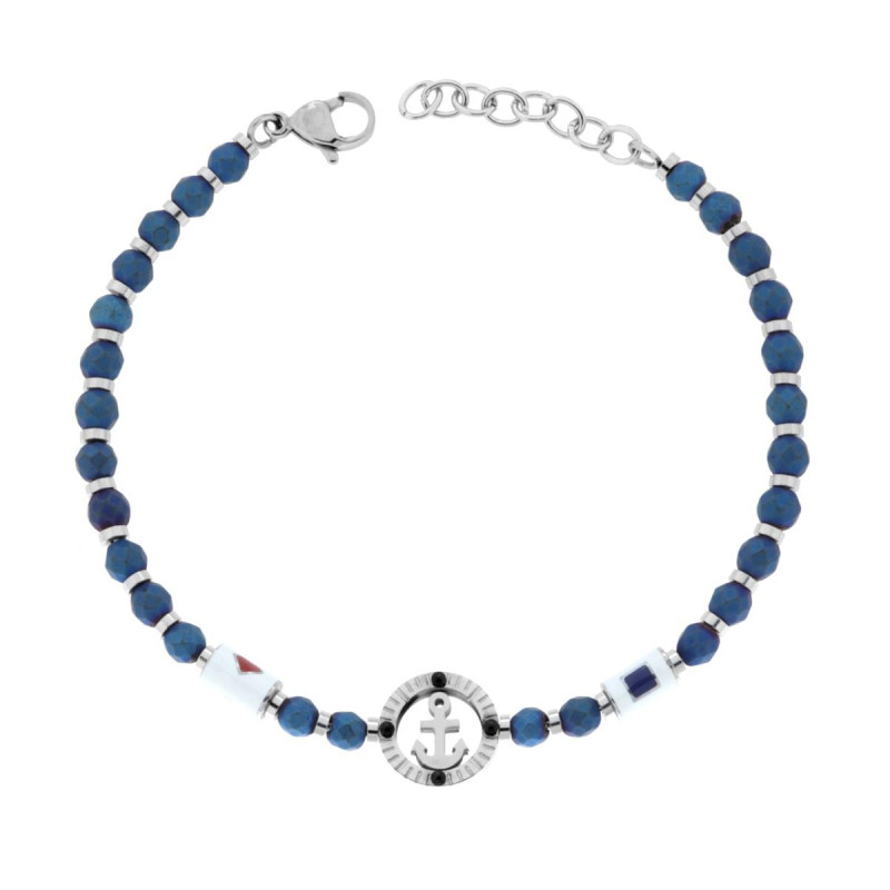 BRACCIALE CATENA CON ANCORA PALLINE SFACCETTATE BLU E CILINDRI CON SMALTO MULTICOLOR IN ACCIAIO