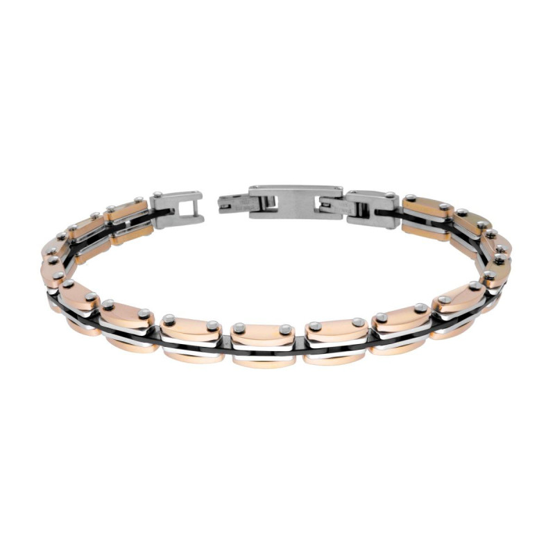 BRACCIALE UOMO MAGLIA IMPERNIATA NERO E ROSA IN ACCIAIO