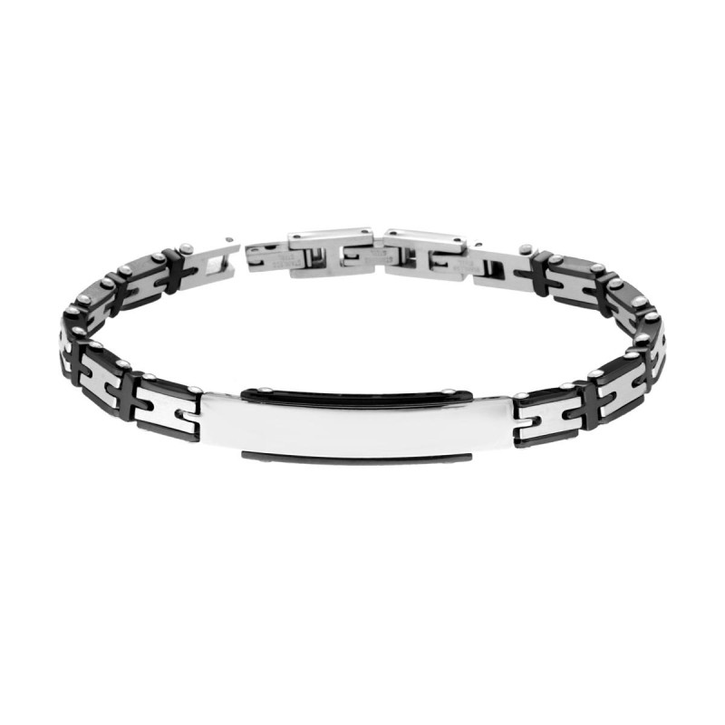 BRACCIALE UOMO MAGLIA IMPERNIATA NERA CON TARGA IN ACCIAIO