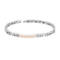 BRACCIALE UOMO MAGLIA IMPERNIATA CON TARGA ROSA E CRYSTAL NERI IN ACCIAIO